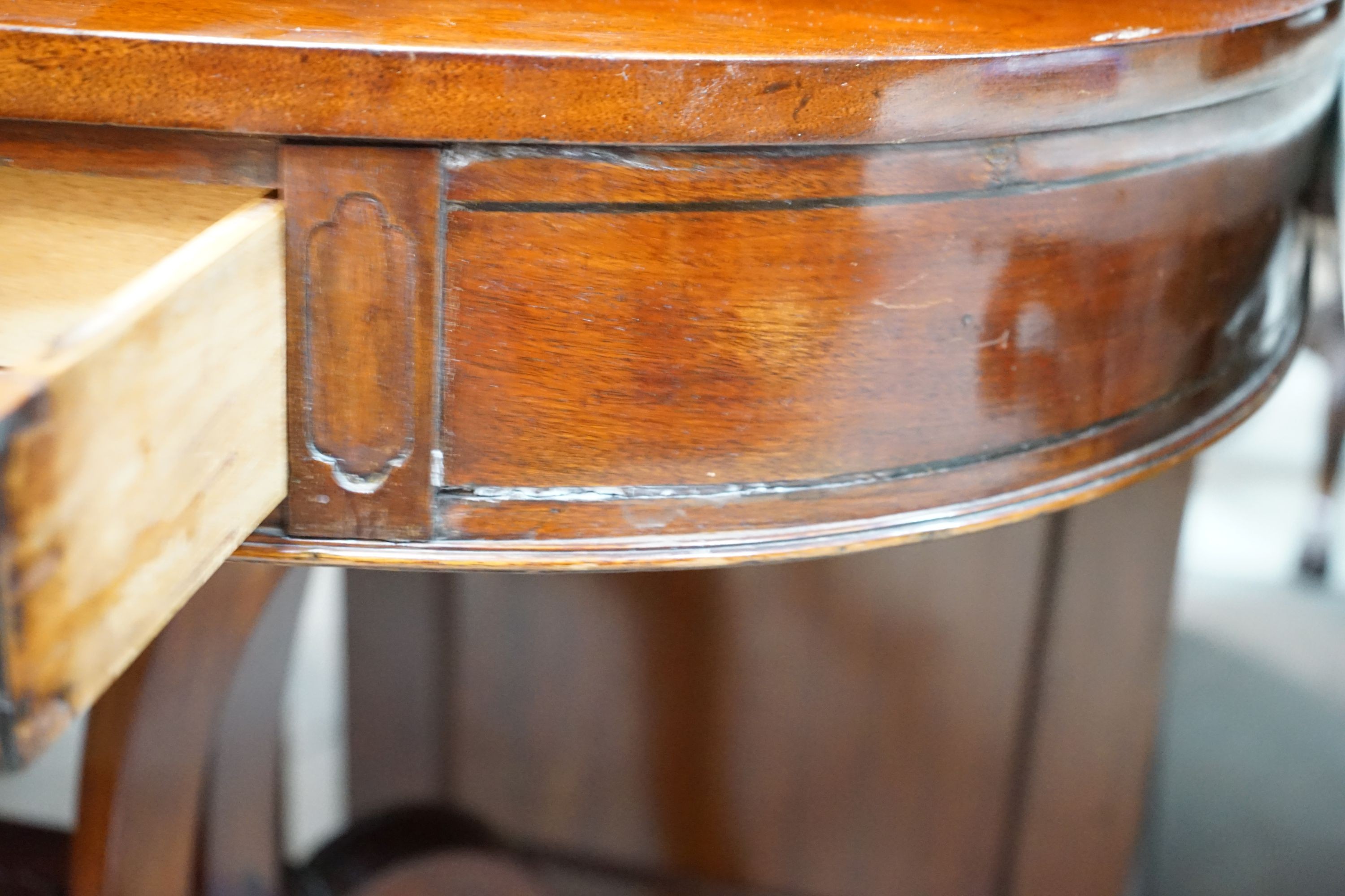 A 19th century continental 'D' shaped folding tea table, width 96cm, depth 49cm, height 78cm